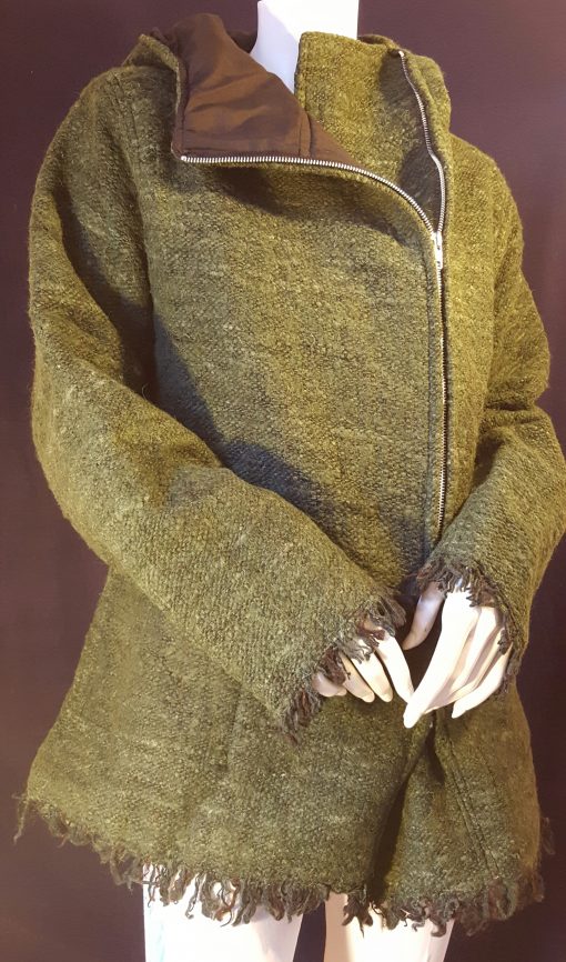 Ruffled Olive Green Long Hand Woven Jacket
