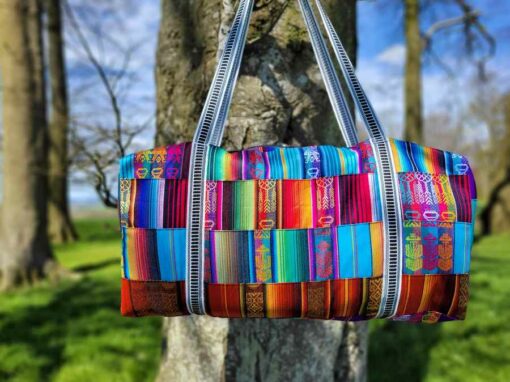 Handwoven large travel bag - patchwork rainbow
