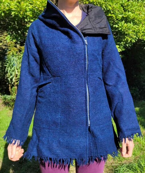 Ruffled Natural Long Blue Hand Woven Jacket