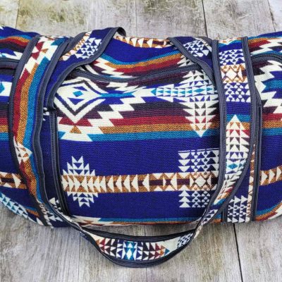Hand woven hand luggage travel bag - geometric Bold Blue