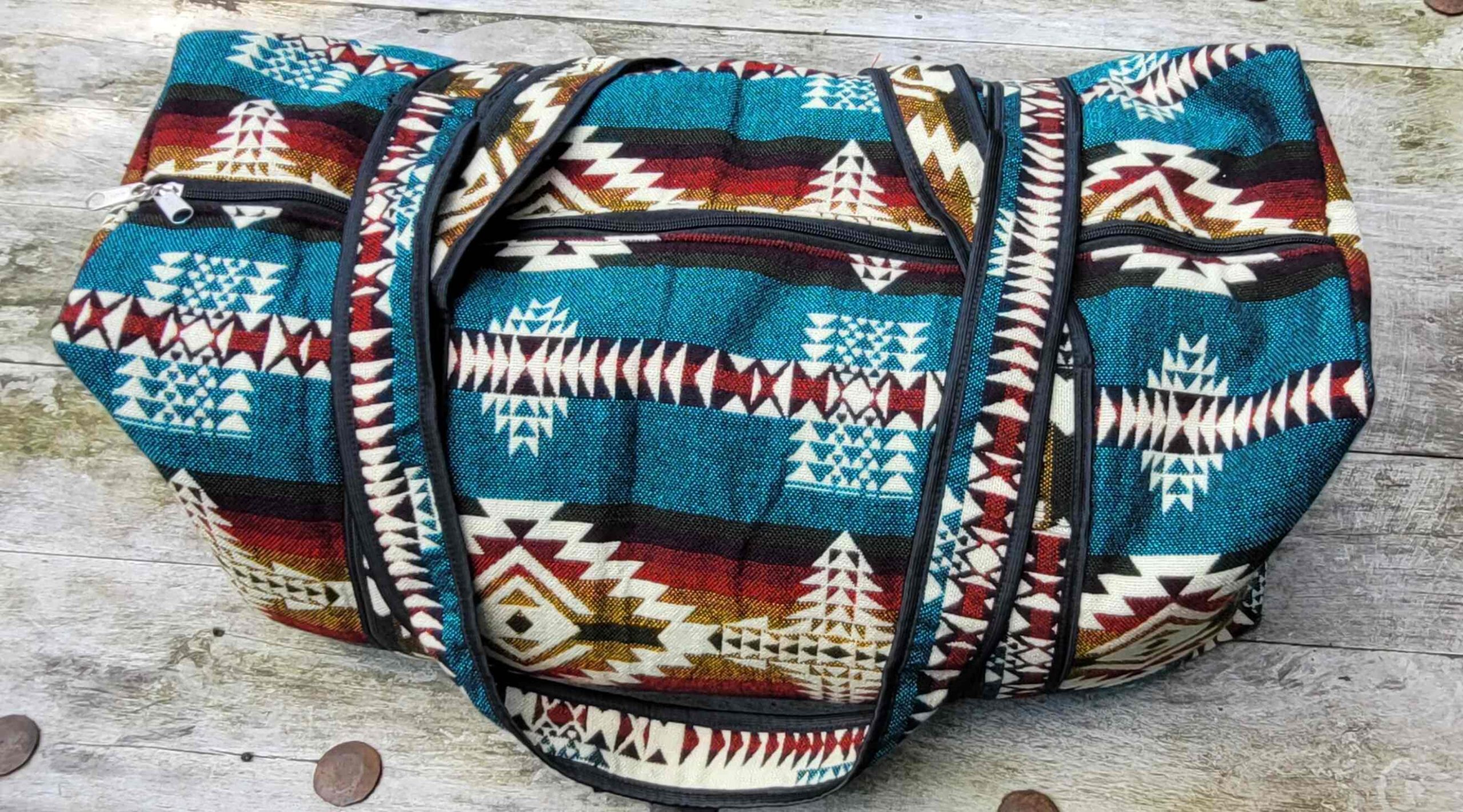 Handwoven large travel bag - geometric bold Turquoise