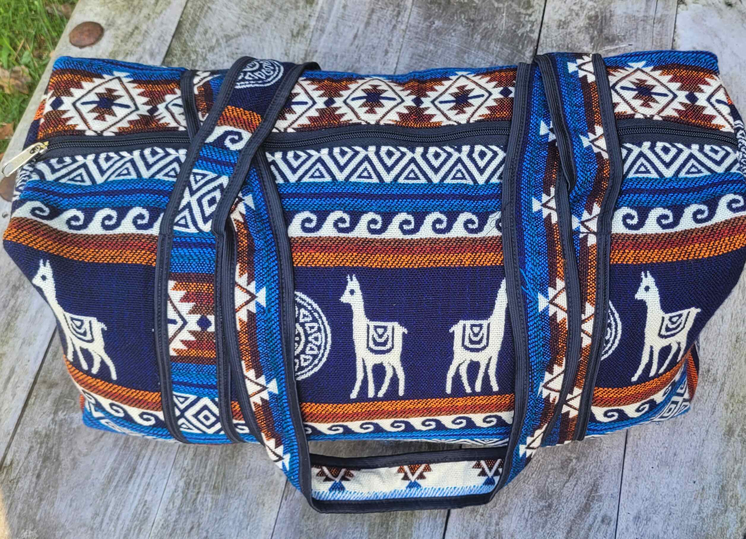 Handwoven large travel bag - Blue Navy Brown Llama