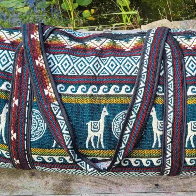 Handwoven large travel bag - Green rainbow Llama