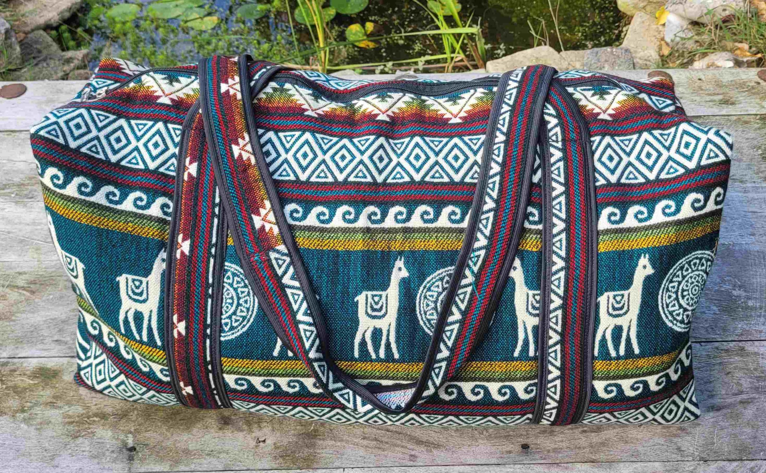 Handwoven large travel bag - Green rainbow Llama
